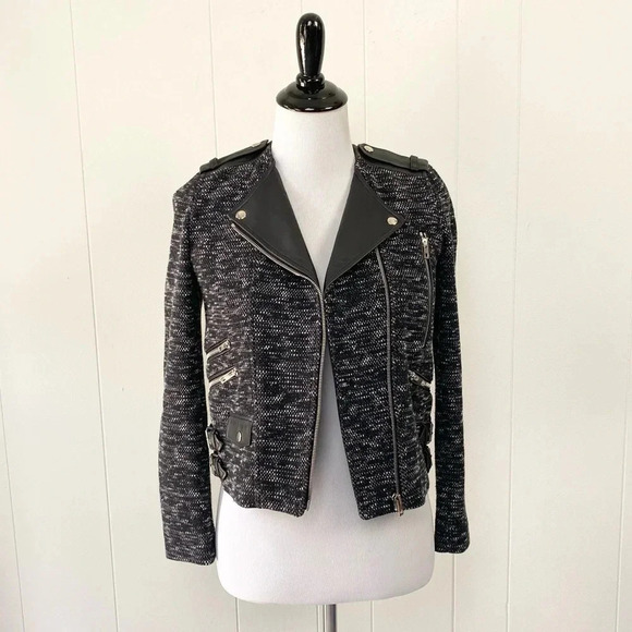 THE KOOPLES Sport Black Tweed Leather Silver Hardware Moto Biker Jacket Size 34 - Picture 1 of 12